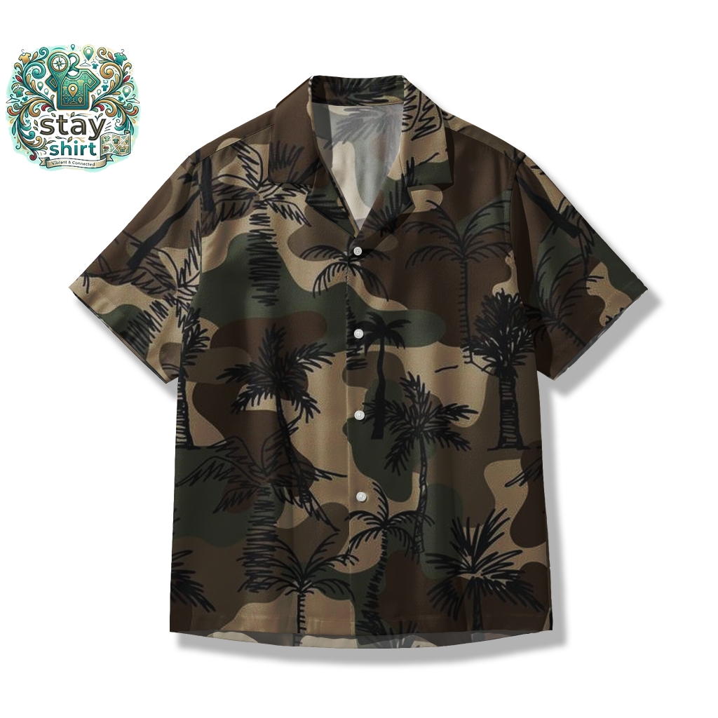 Kemeja Pria Wanita Motif Loreng Camo Pohon Kelapa Palm Tree Full Print - Baju Pantai Unisex Lengan P