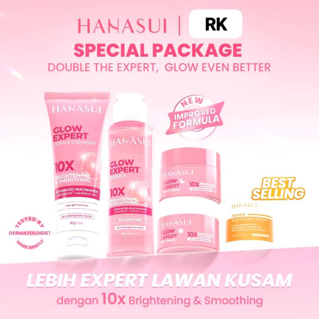 HANASUI GLOW EXPERT SERIES | FACE WASH | ESSENCE | DAY CREAM | NIGHT CREAM | PAKET MENCERAHKAN DAN M
