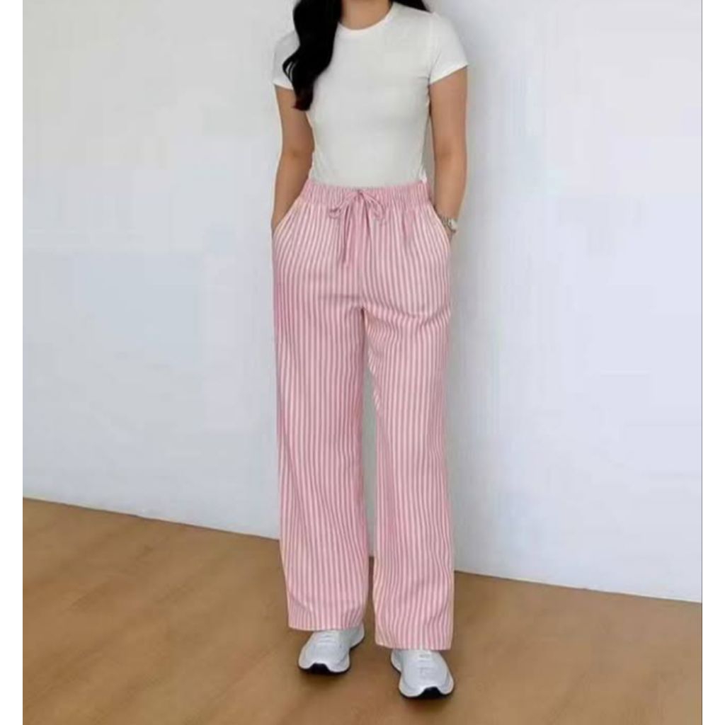 Celana Panjang Wanita Highwaist - Pinggang Karet Pola Garis-garis MLXL