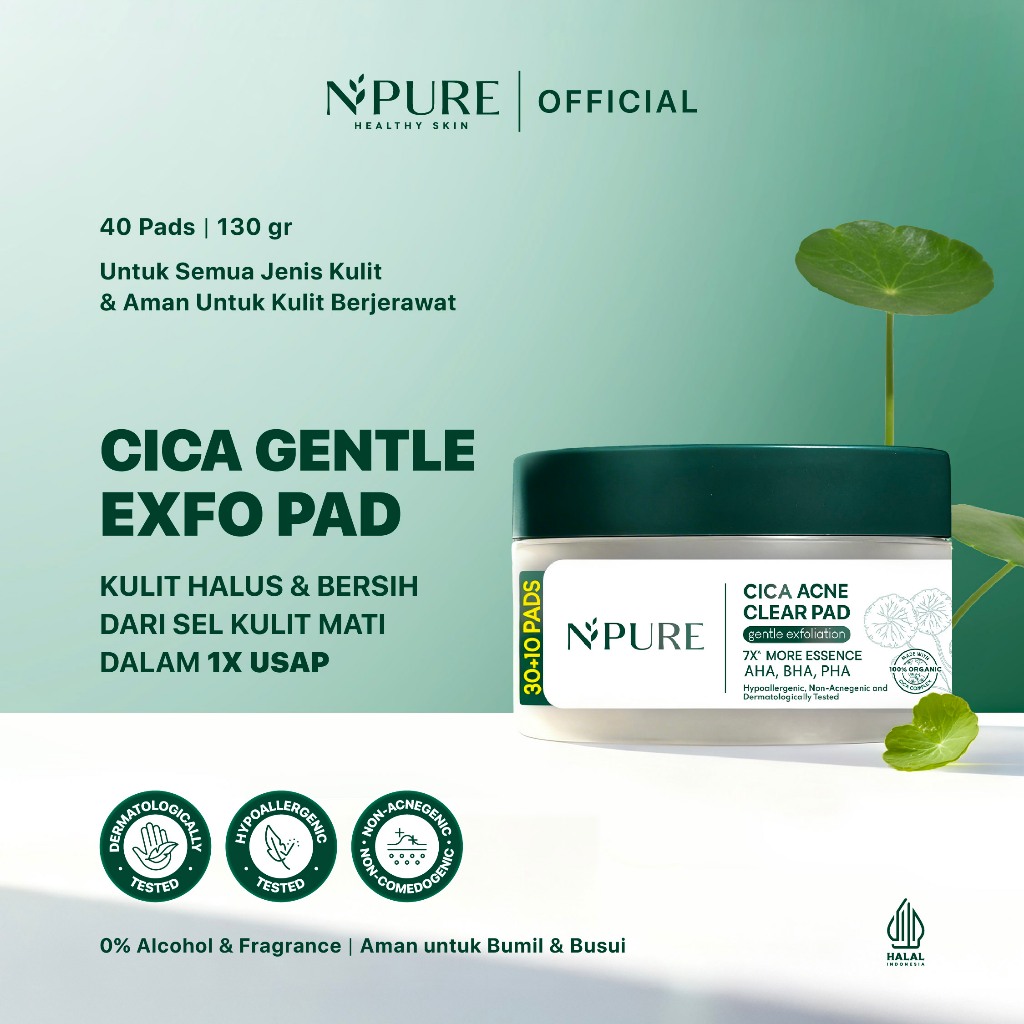 NPURE Cica (Centella) Acne Gentle Exfoliation Pad 40 pcs / Kapas Eksfoliasi / Kulit Berjerawat / Kom
