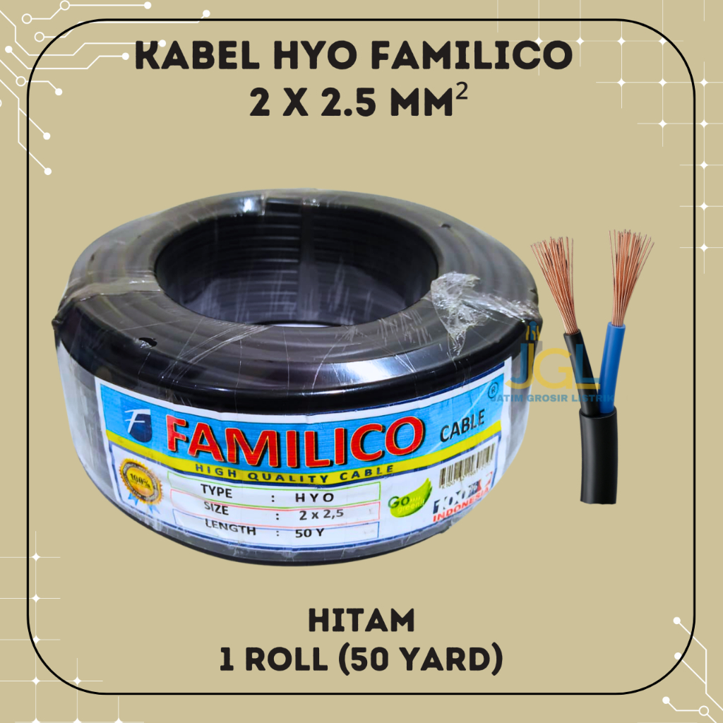 1 Roll Kabel Serabut HYO Familico 2x2.5 mm² 50 Yard – Kabel Listrik Serabut Hitam