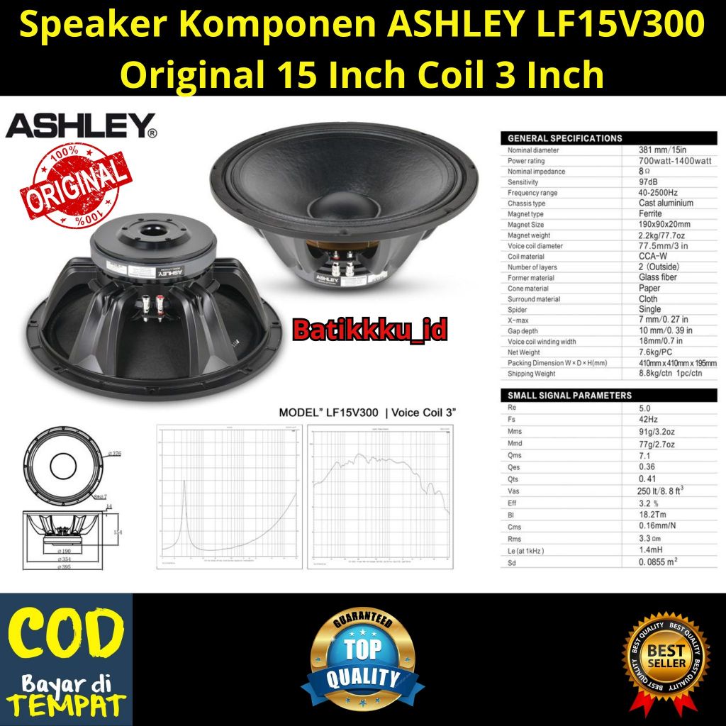 Speaker Komponen ASHLEY LF15V300 LF 15V300 LF 15 V 300 Original 15 Inch Coil 3 Inch 700 Watt