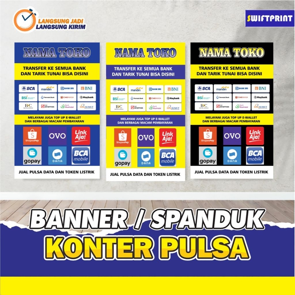 Banner- Spanduk konter pulsa dan transfer/ top up e-walet,  custome nama toko