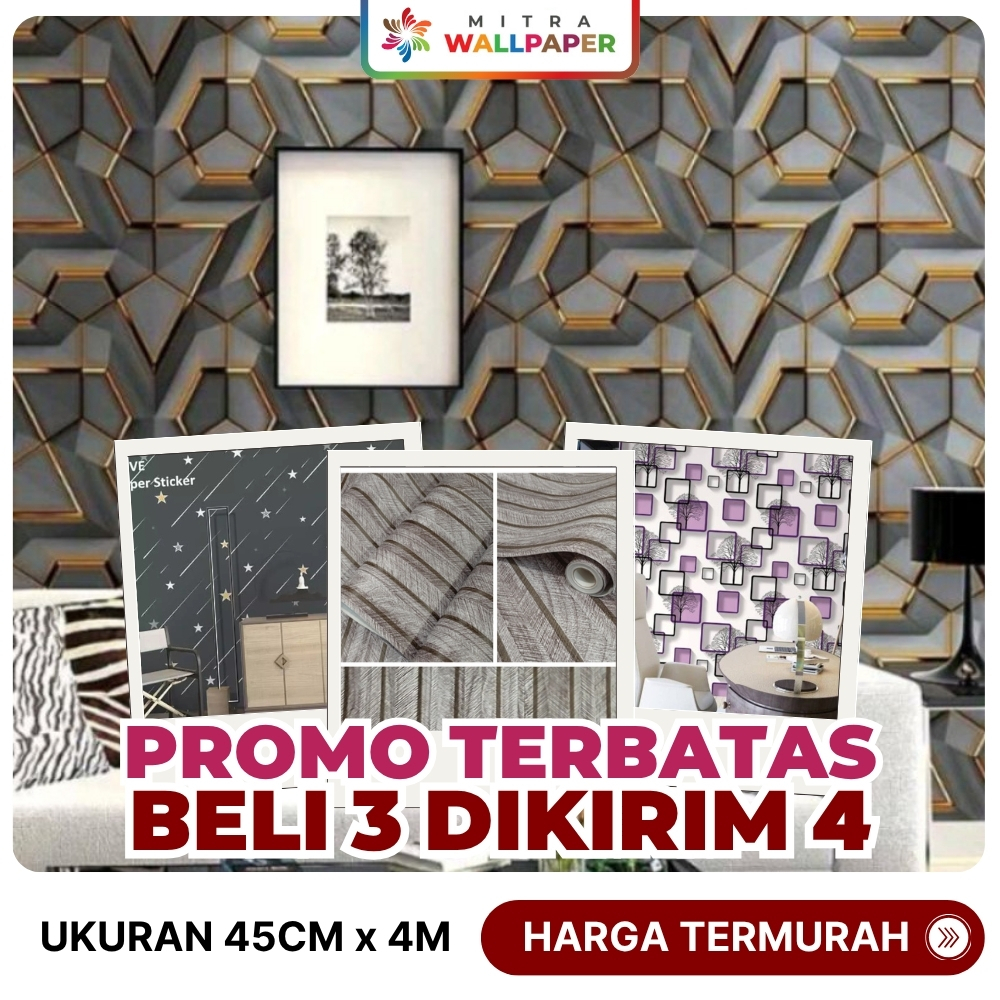 Wallpaper Dinding Ruang Tamu Minimalis Motif Geometri 3D Walpeper Stiker Lemari Kayu BELI 3 DAPAT 4