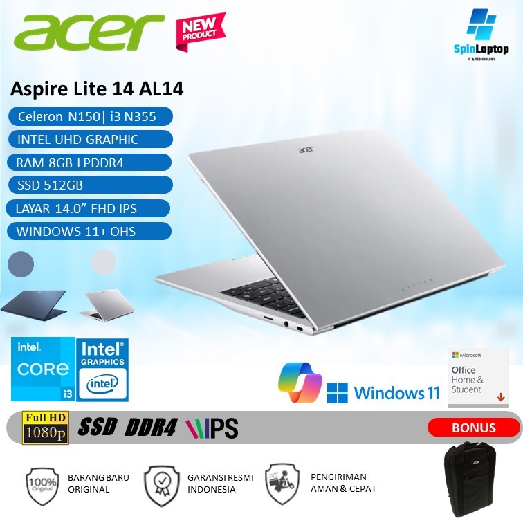 Laptop ACER Aspire Lite 14 AL14 Intel Core i3 N355 8GB 512GB SSD Windows 11 OHS Layar FHD IPS Baru