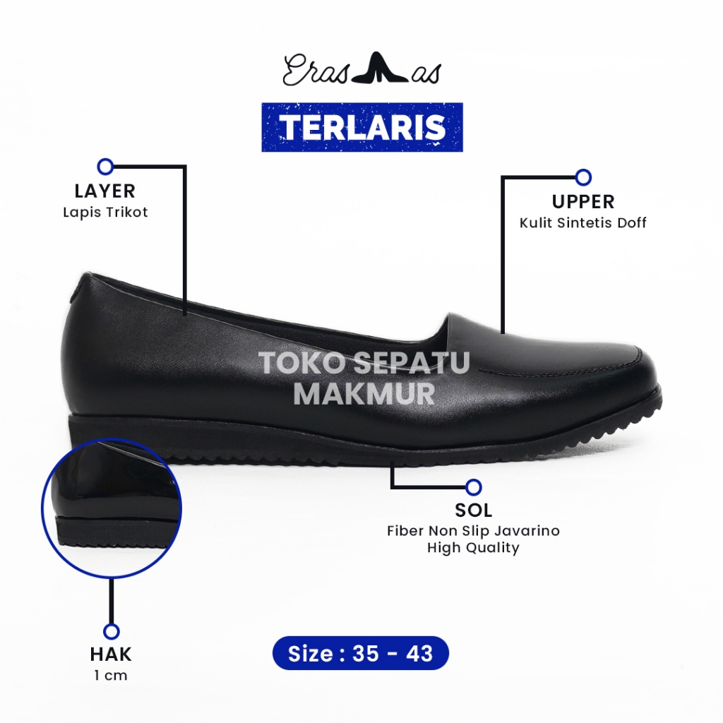 Sepatu Kerja Wanita ERASMAS B3 Pantofel 1cm Hitam Sepatu Kantor Formal Anti Slip Nyaman