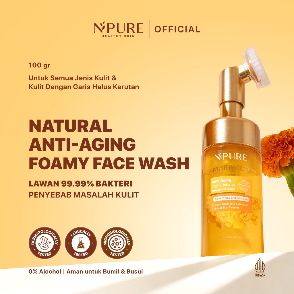 NPURE Anti-Aging Facial Wash Marigold 110 ml / Deep-Cleanse / Kerutan / Garis Halus / No SLS / No SL