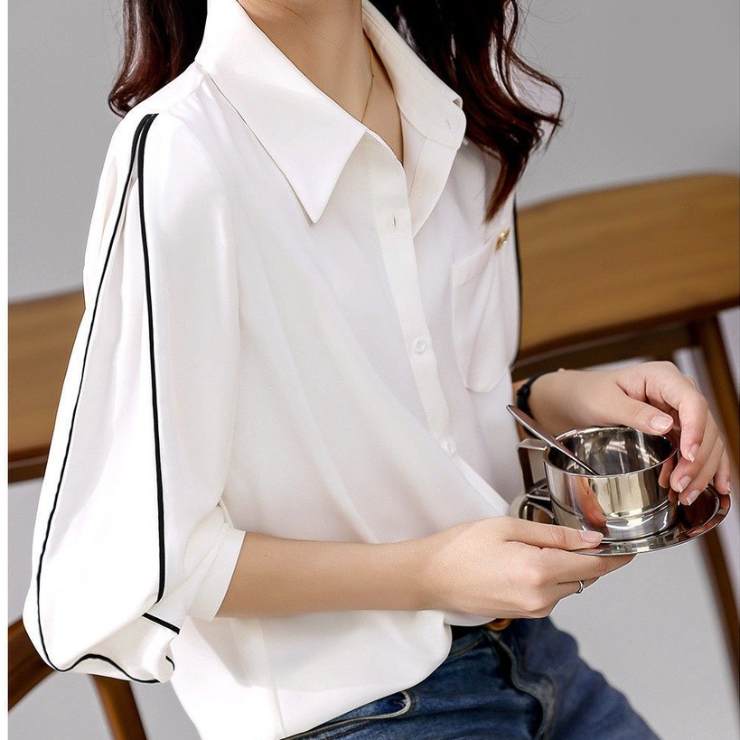 Kemeja sifon putih elegan dan elegan baru untuk wanita