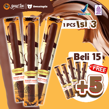 SWEET TEN CHOCOLIKE (beli 15 gratis 5) Biskuit Kriuk Stik Salut Coklat premium 13g, 1 bungkus isi 3c