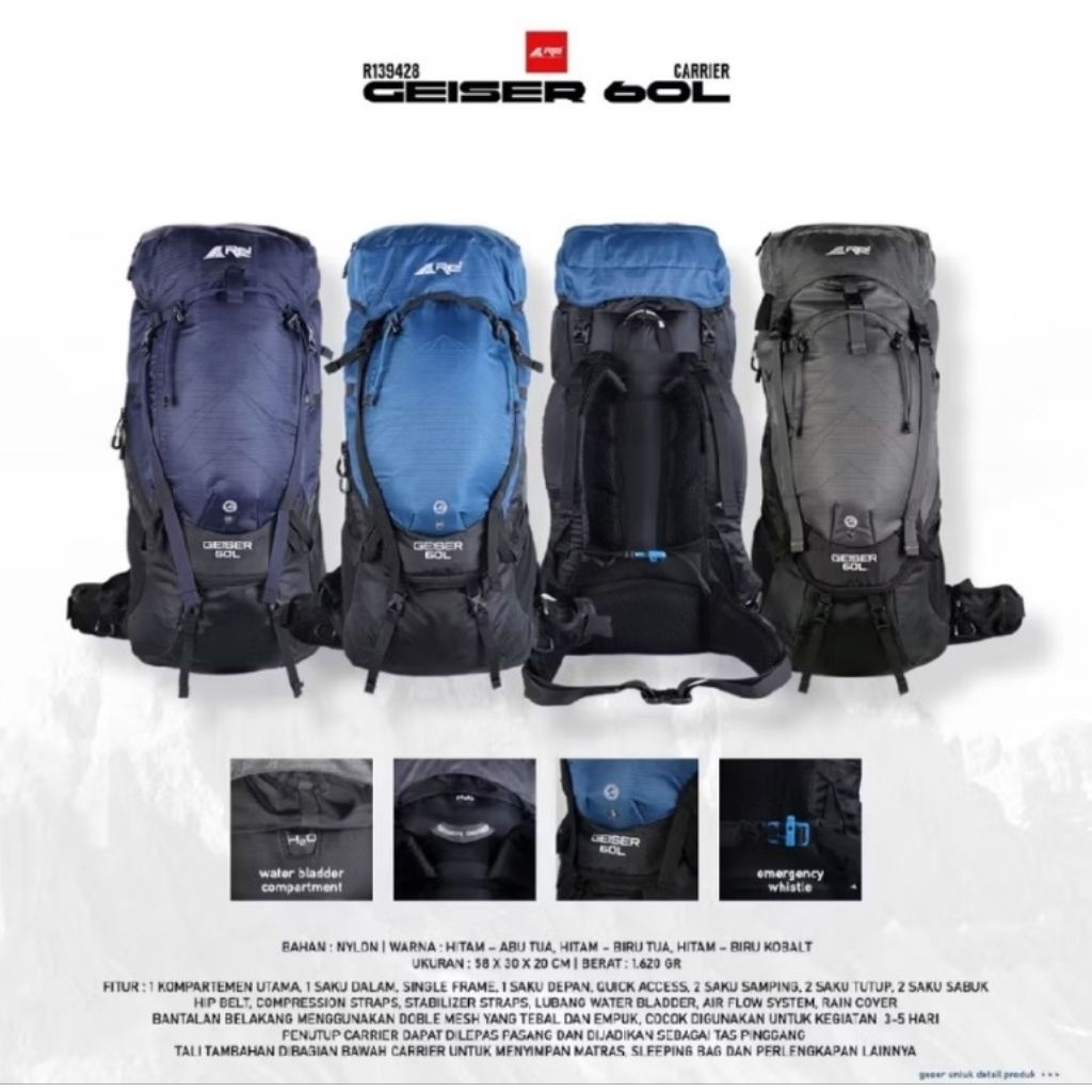 Tas Gunung / Carrier Geiser 60 Liter Arei Original Outdoorgear