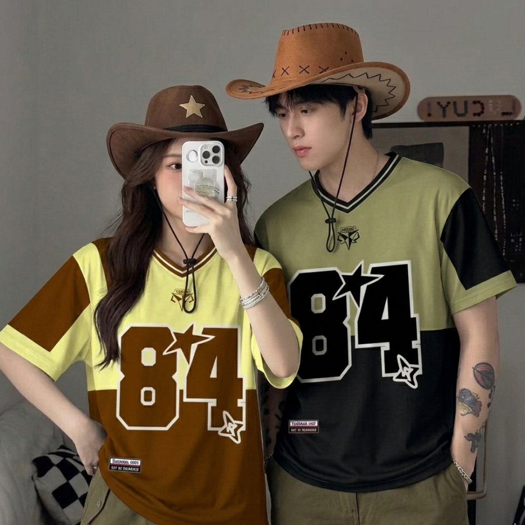 Jersey Army Oversize Streetwear Pria Wanita - Kaos Baju Vintage 84 Earth Tone - Tshirt Baseball V-Ne