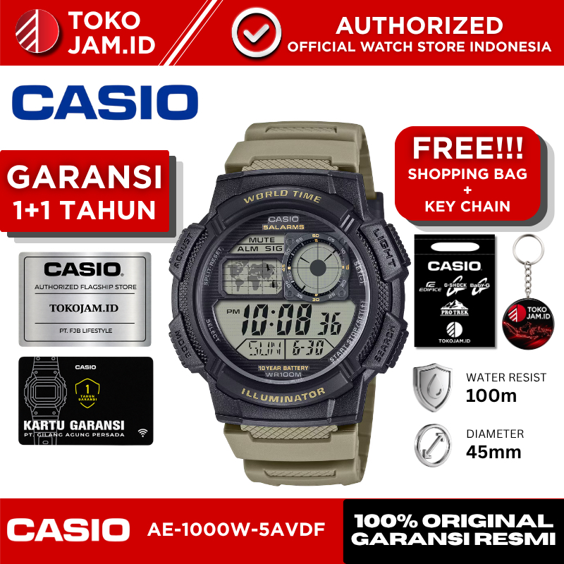 Jam Tangan Pria Casio AE-1000W-5AVDF Original Digital World Time Army Black LED Alarm Stopwatch Time