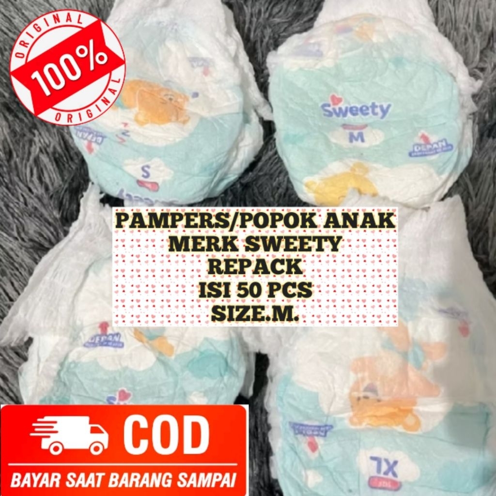 50 Pcs.Size.M. PAMPERS/POPOK ANAK REPACK/NON KEMASAN,MERK SWEETY