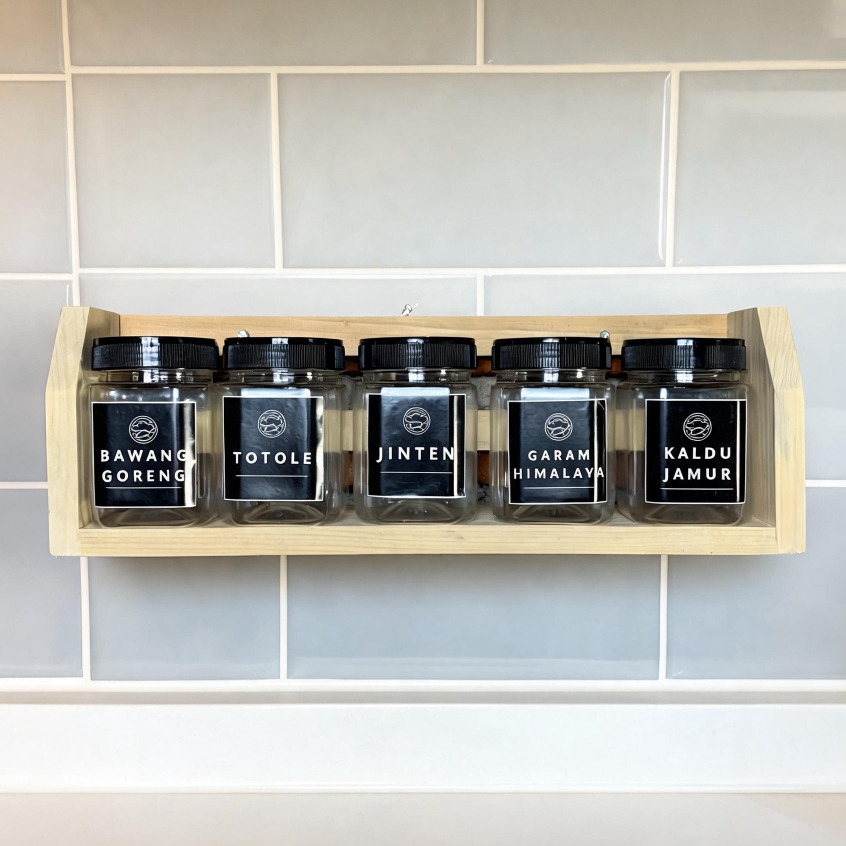 Rak Bumbu Dapur Tempat Bumbu Kayu Lengkap Toples Sendok Stiker Bumbu Custom