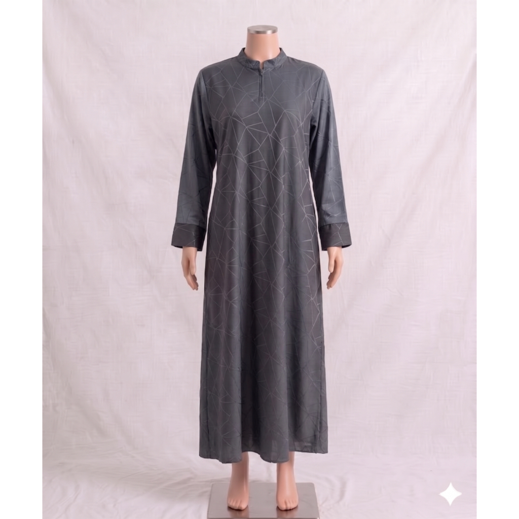 [PRELOVED] Modern Geometric Thobe – Charcoal Grey Silk Finish – Gamis Abu – Size M