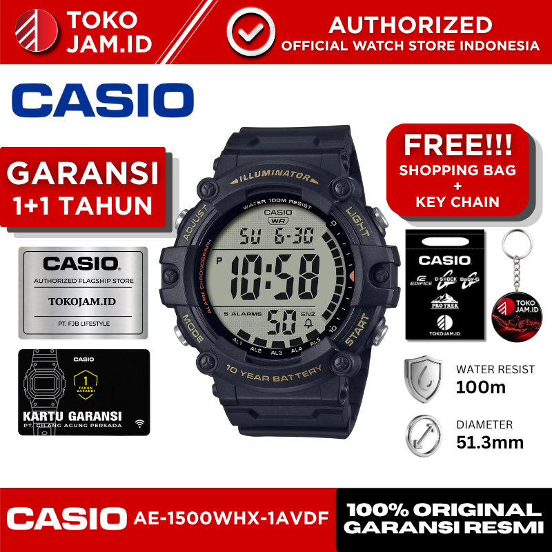 Jam Tangan Pria Casio AE-1500WHX-1AVDF Original Digital Black Sport LED Alarm Stopwatch Timer WR 100