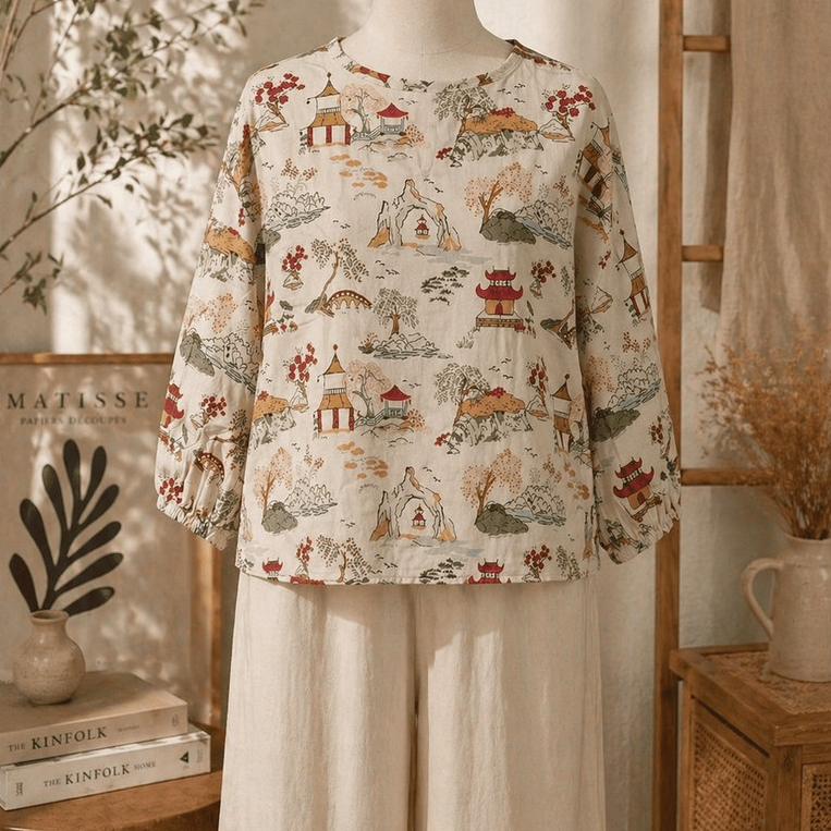 Blouse Wanita Preloved Motif Jepang Vintage Cream – Atasan Aesthetic LD 120 PB 55 Murah Berkualitas