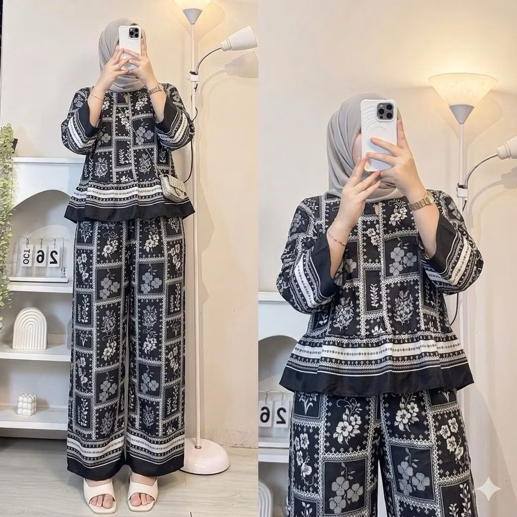 Rafella set Rempel Motif Kekinian | Oneset wanita celana kulot busui friendly