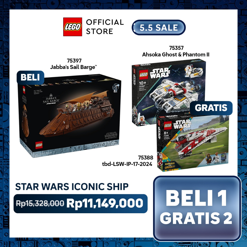 Beli 1 Gratis 2 - LEGO Star Wars 75397 Jabba's Sail Barge + LEGO Star Wars 75357 Ahsoka Ghost & Phan