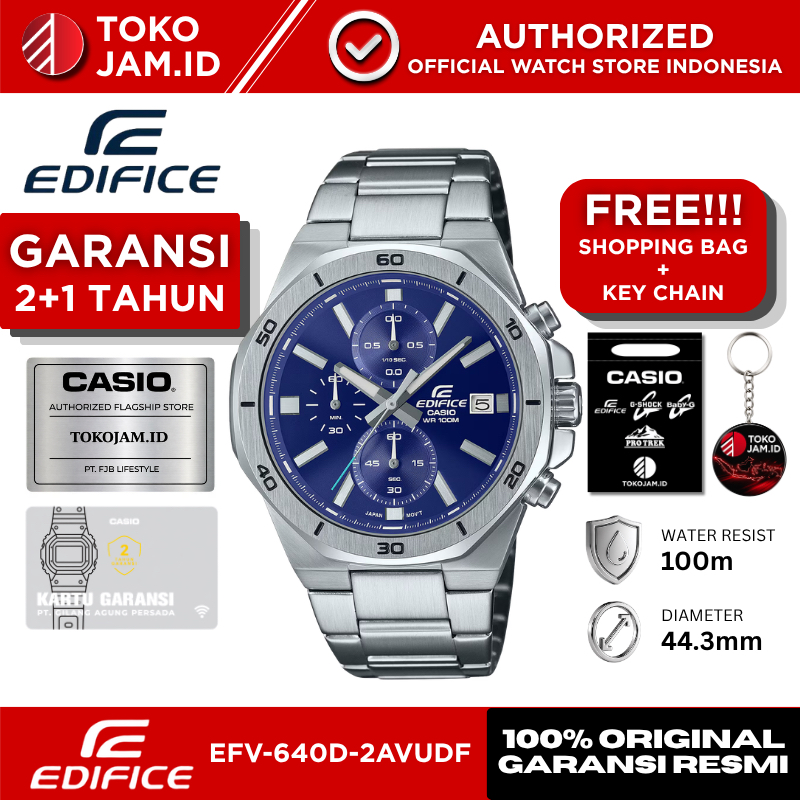 Jam Tangan Pria Casio Edifice EFV-640D-2AVUDF Original Analog Chronograph Blue Dial Stainless Steel 