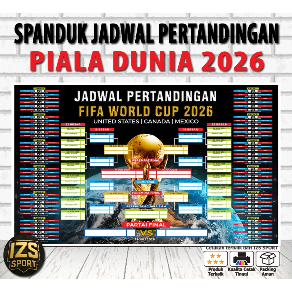 COD SPANDUK JADWAL PIALA DUNIA 2026 - WORLD CUP 2026 UK. 150 x 75 cm