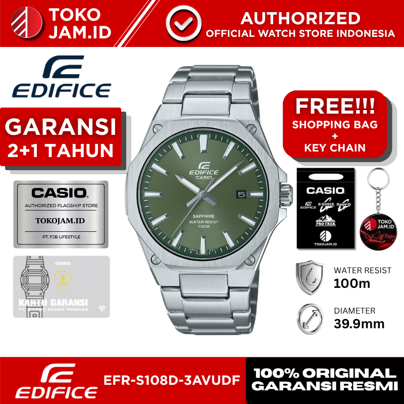 Jam Tangan Pria Casio Edifice EFR-S108D-3AVUDF Original Analog Slim Stainless Steel Green Dial Sapph