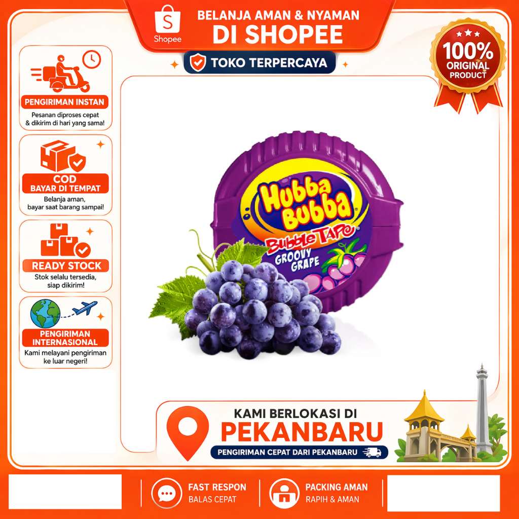 [SDW] pekanbaru/1 Pcs Hubba Bubba Groovy Grape Bubble Tape Permen Karet Panjang Halal