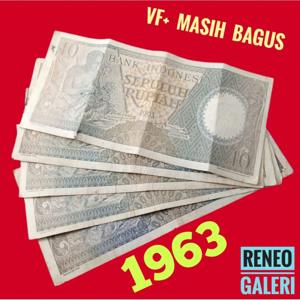 VF+ Asli 10 Rupiah Tahun 1963 Rp seri pekerja tangan uang kuno Indonesia kertas duit jadul lawas lam