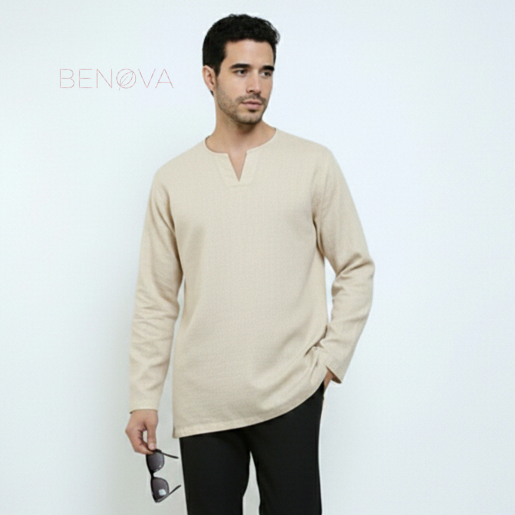 BENOVA Kemeja Pria Kerah V-Neck Lengan Panjang Linen - Mens Linen V-Neck Longsleeve Tops - Ivory
