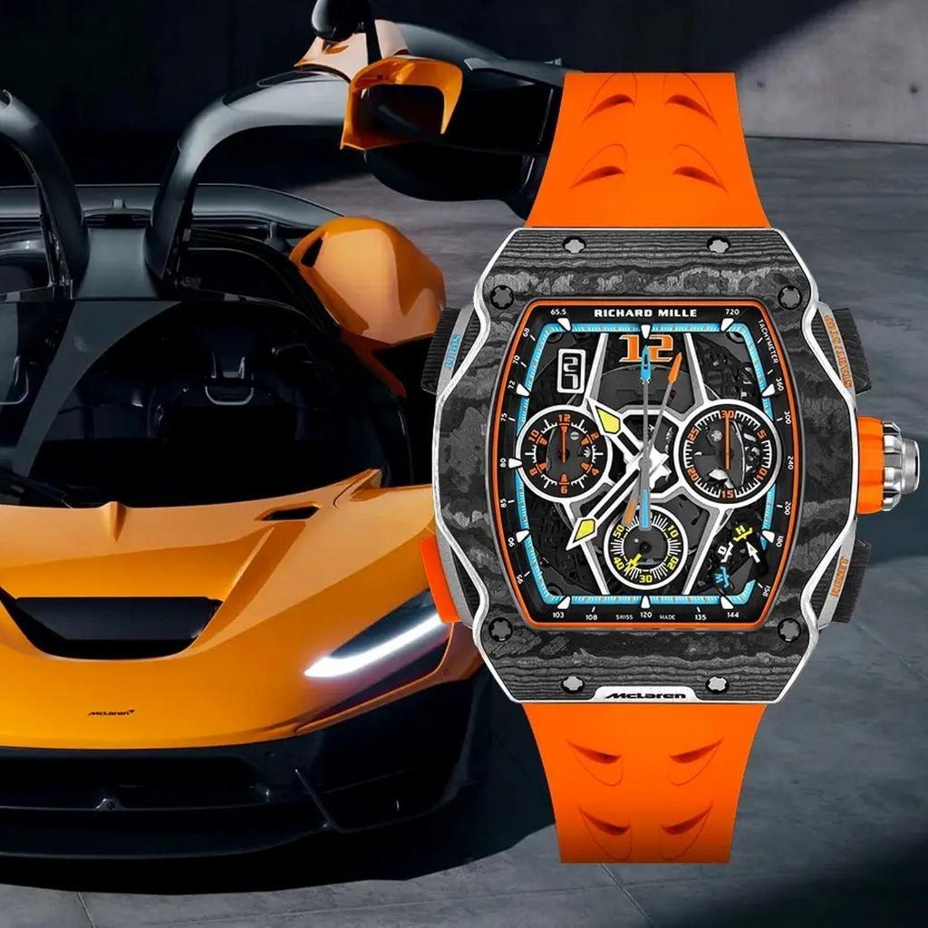 jam tangan pria luxury model kotak sw RM 65-01 Mclaren 44MM Orange rubber Automatic