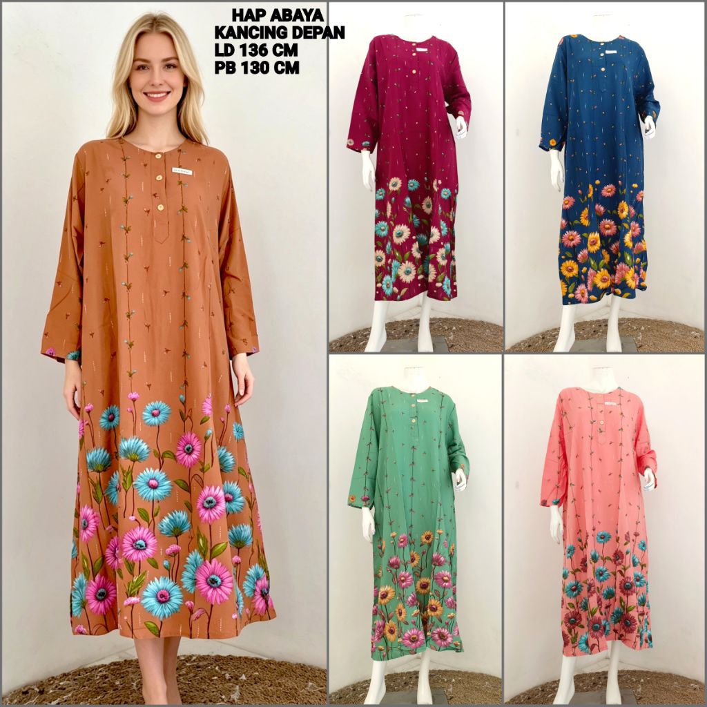 Longdress Jumbo Hap Abaya Kancing Depan Daster Muslimah Jumbo Mix Motif