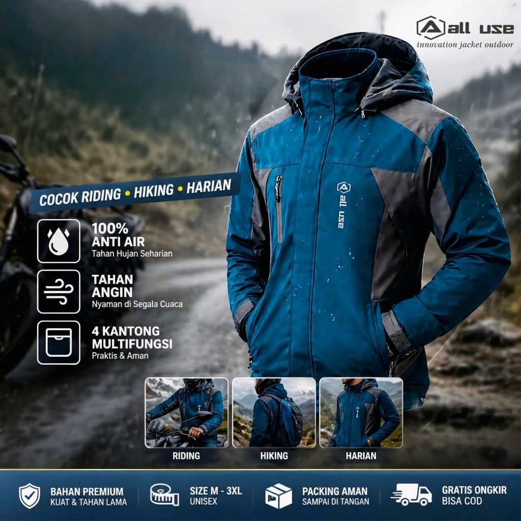 Jaket Gunung Original Pria All Use Outdoor windproof n Waterproof Hitam Abu