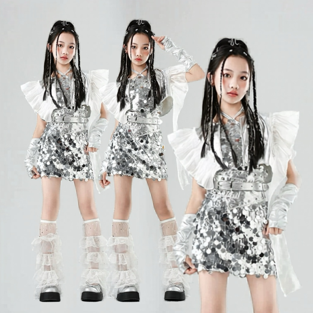 [READY STOCK] SS-01 Baju Dance Anak Import Silver Metalic HipHop Kpop Kostum