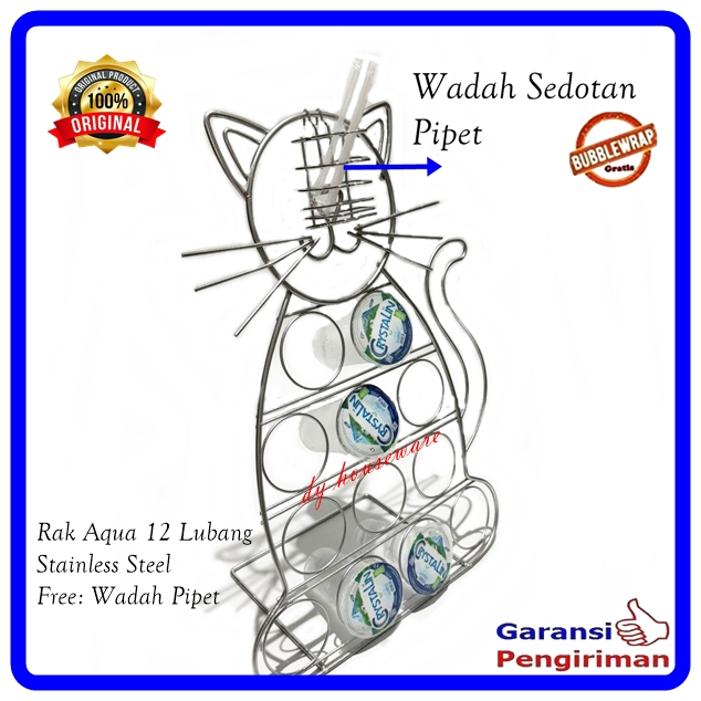 Rak Aqua Wadah Gelas Mineral 12 Lubang  + Tempat Pipet Stainles Bentuk Kucing Unik