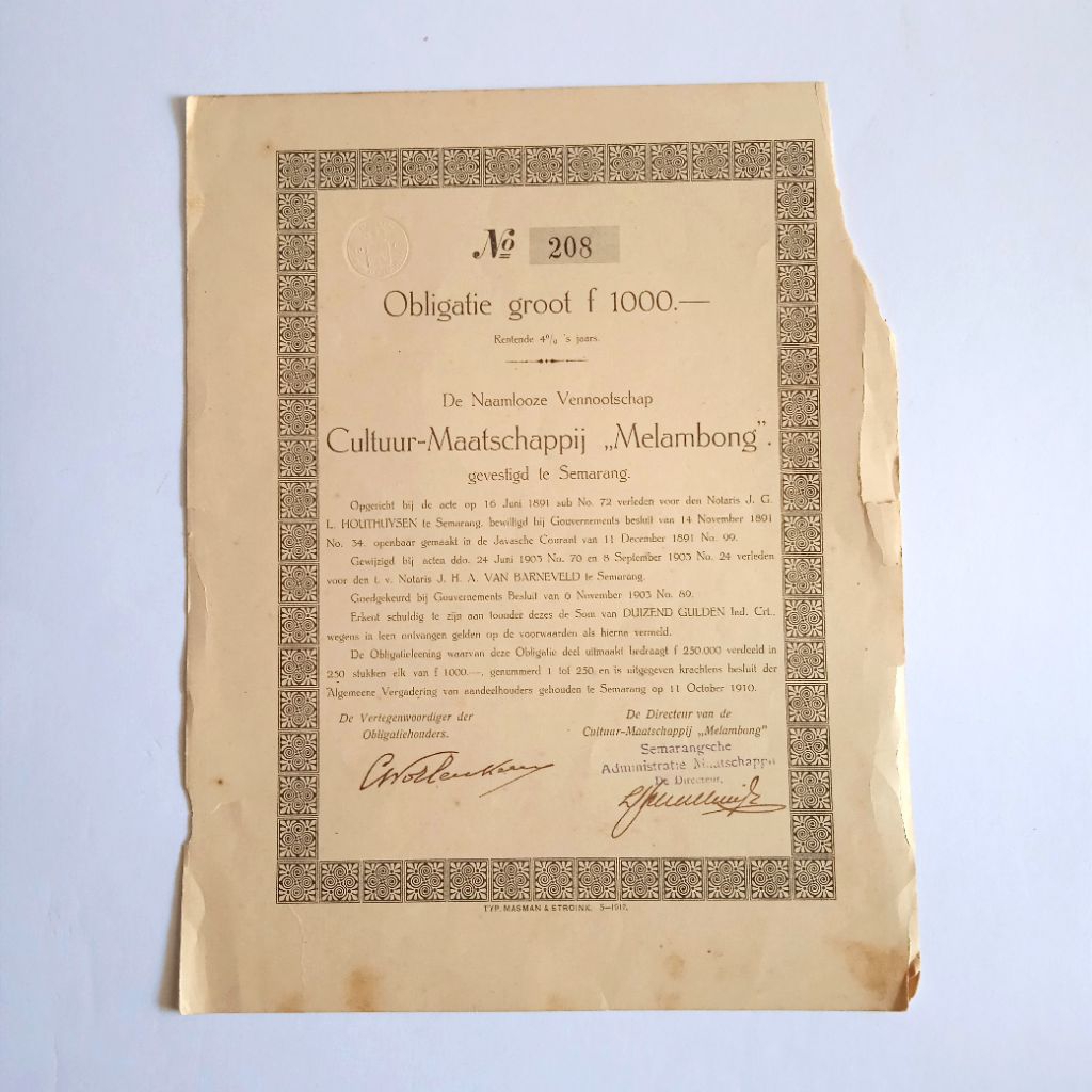 Antik Vintage Dokumen Lama Surat Obligasi Era Kolonial Cultuur-Maatschappij MELAMBONG Semarang 1910 
