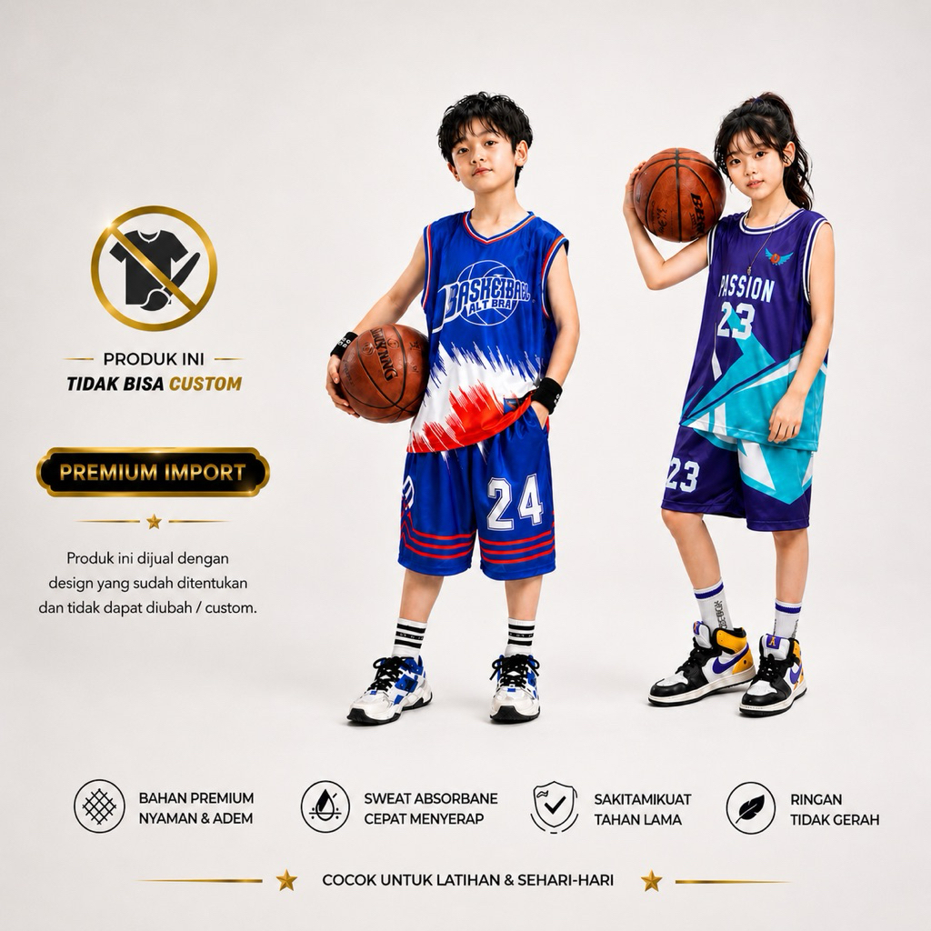 Setelan Jersey Basket Anak Laki Perempuan 5–12 Tahun | Baju Basket Anak Singlet Premium Import Adem 