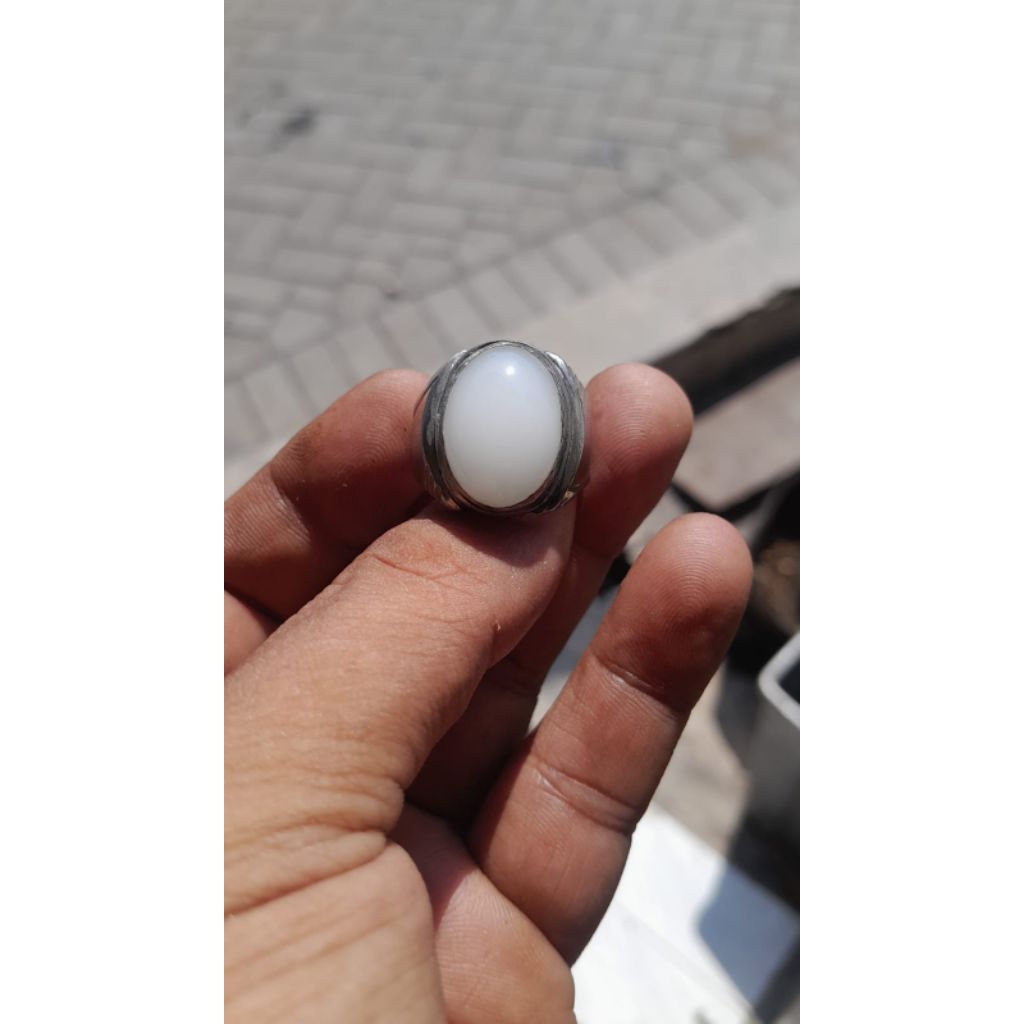 cincin batu akik giok putih ring monel tanam