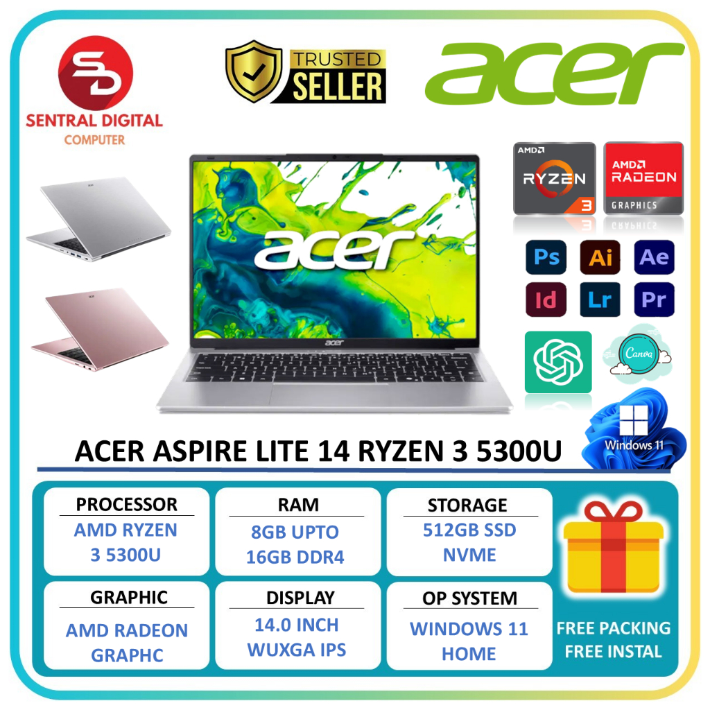 Acer Aspire Lite Ryzen 3 5300 Ram 16GB 512GB SSD 14 inch WUXGA IPS Windows 11 Original