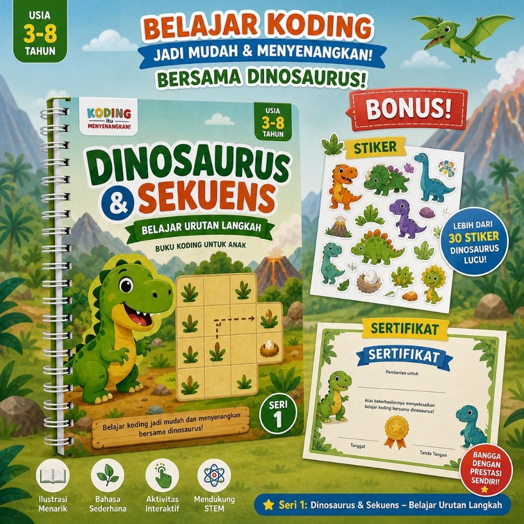 Buku Koding Anak Seri Dinosaurus Usia 3-8 Tahun Bonus Stiker & Sertifikat Spiral Binding