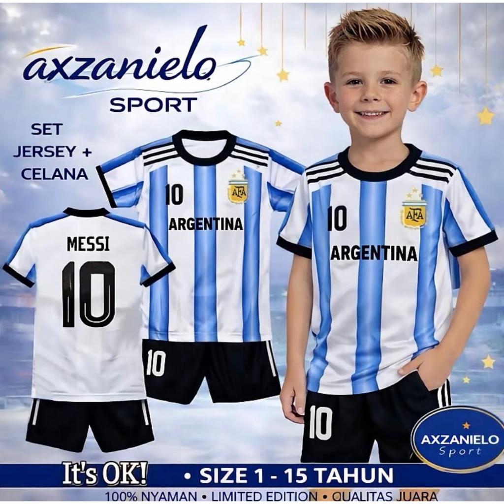 Setelan Jersey Messi Terbaru / Setelan Baju Bola Termurah / Koas Bola Anak Laki Laki Argentina Premi