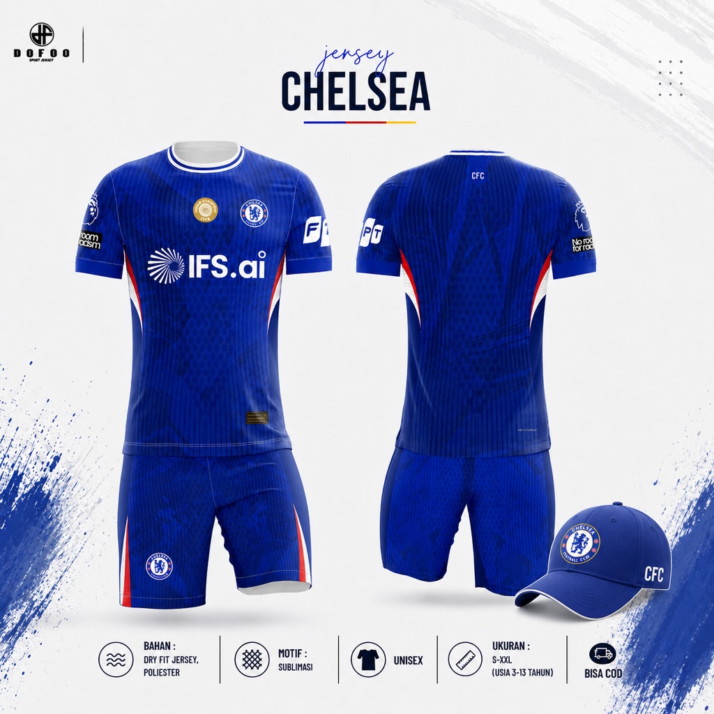 DOFOO - Jersey Chelsea Biru Putih Merah Setelan Sepak Bola Dry Fit Unisex Dengan Topi Cap- Custom na