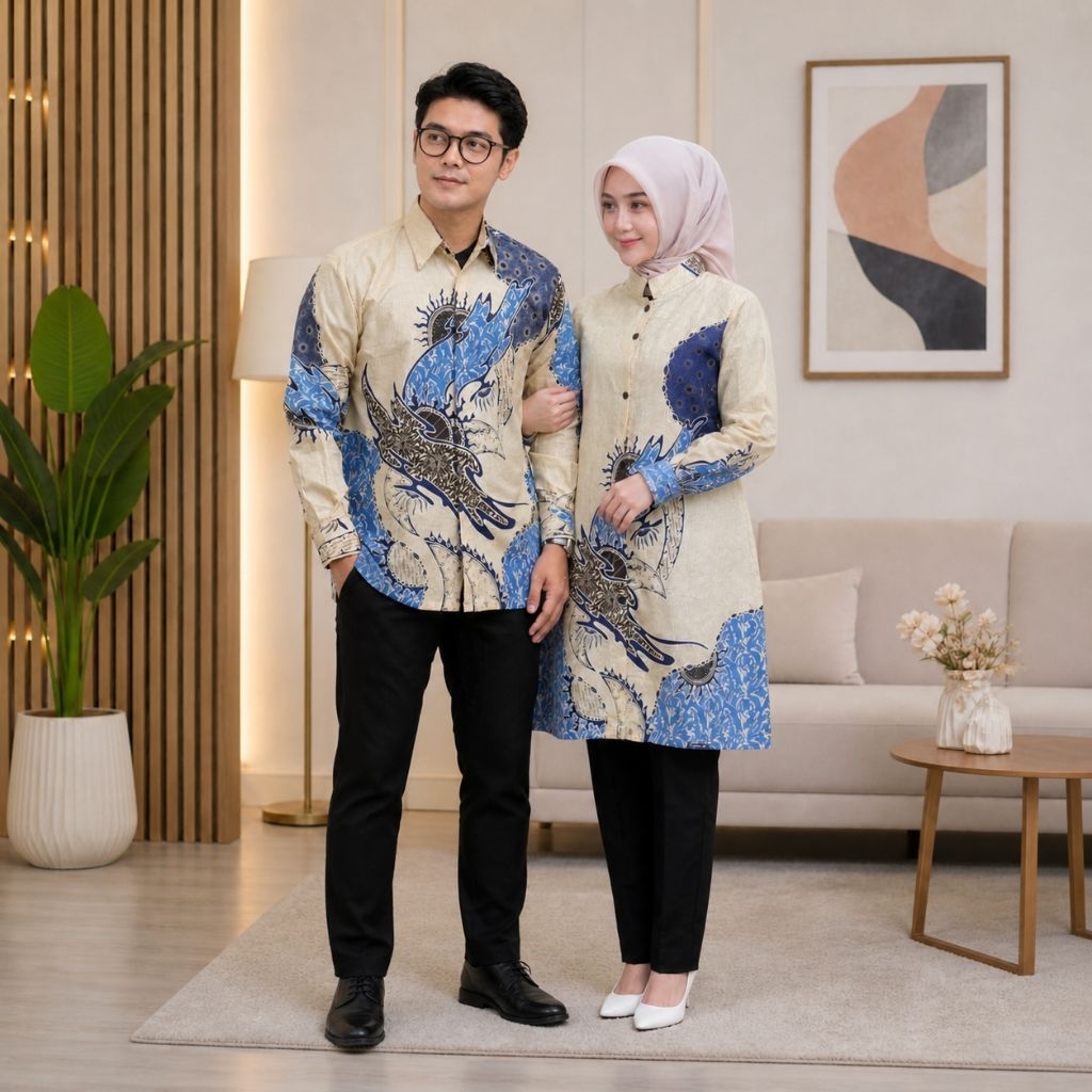 Seragam Couple Atasan Batik Pria Wanita Cowok Cewek Lengan Panjang Bahan Katun Ukuran M L Xl Xxl