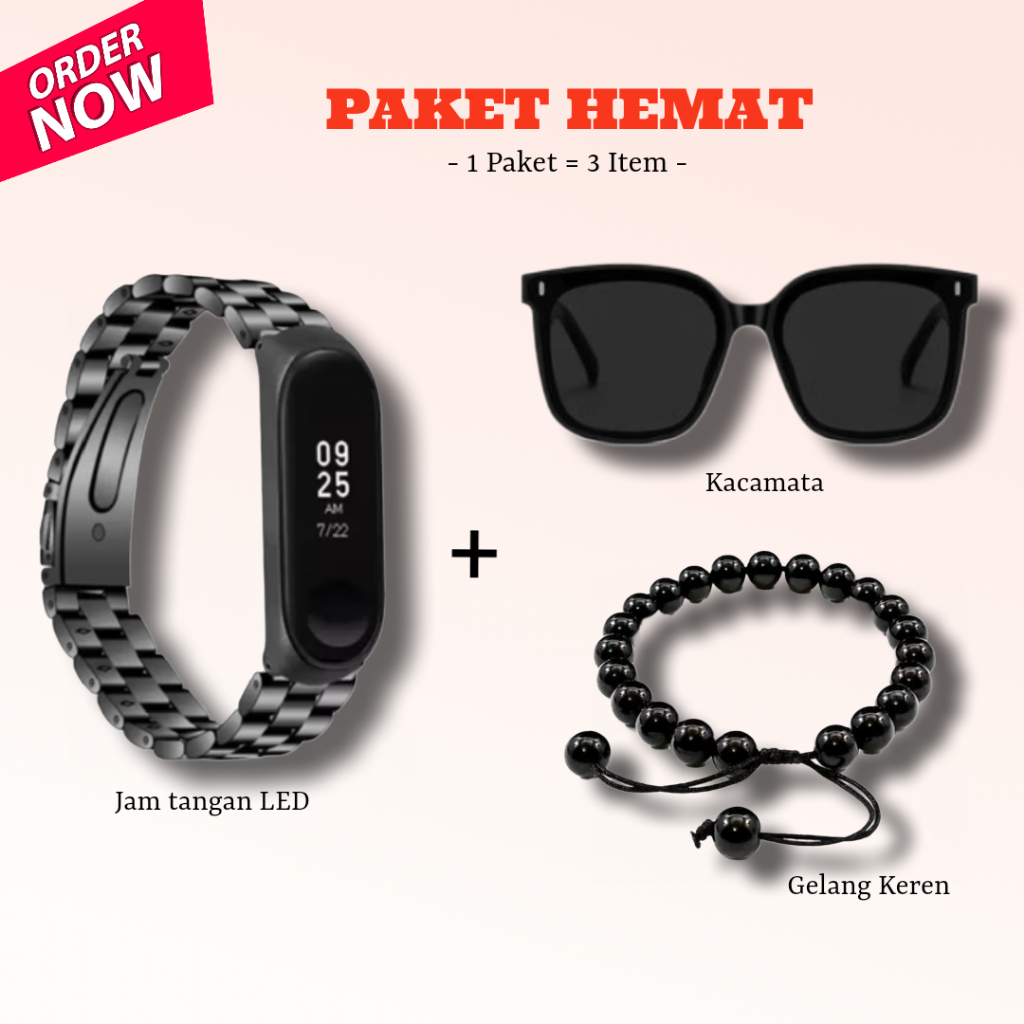 PAKET HEMAT... Jam tangan LED pria wanita tali rantai bonus kacamata & gelang keren