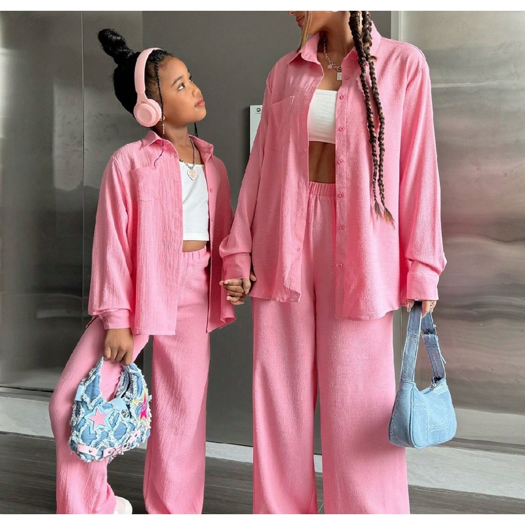 Set setelan one sets baju ibu anak mom mommy daughter couple family match matching Shein Kids kemeja