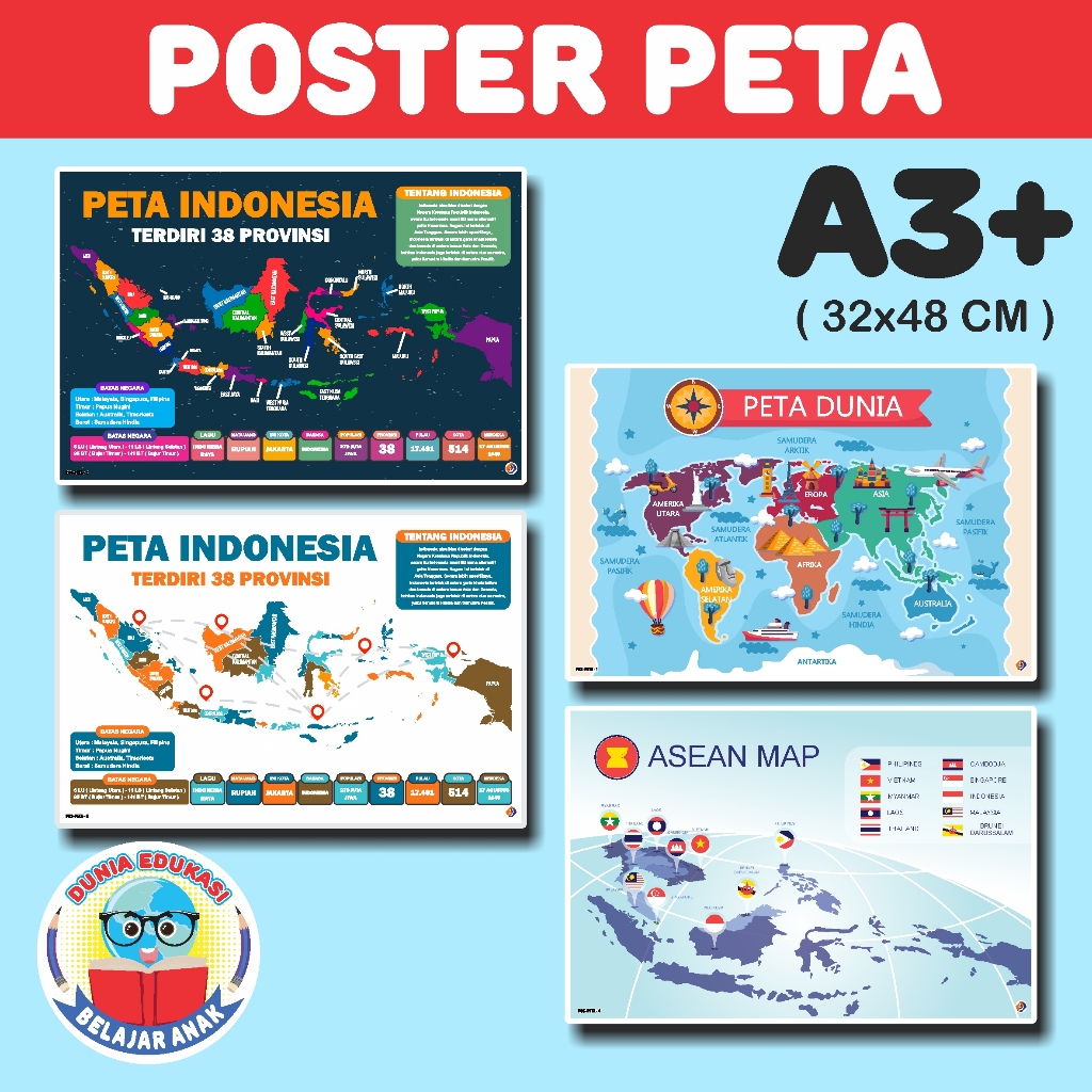 Poster Edukasi Anak || Poster Peta Indonesia || Poster Peta Dunia || Poster Peta Asean