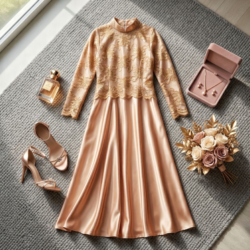 Gaun Pesta Gamis Brokat Satin Premium – Elegant Gold Edition