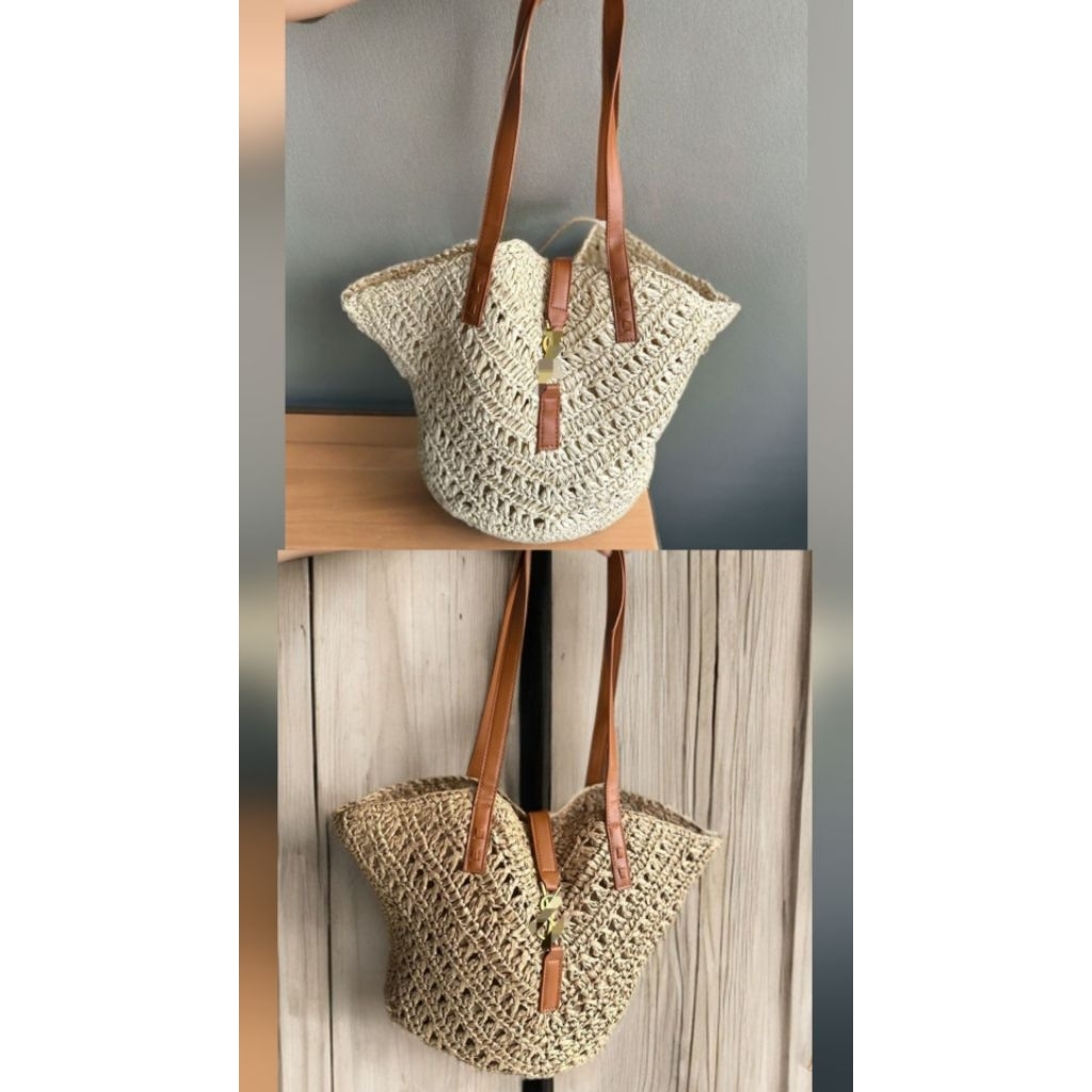 tas bahu rafia cream tas pantai travel holiday