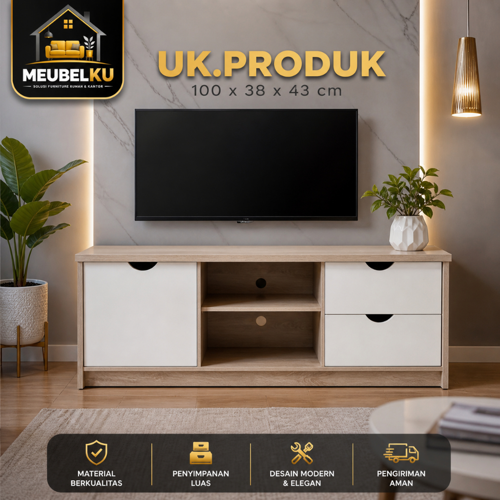 Meja TV Minimalis 100cm Lemari TV Modern Rak TV Kayu Beech / Sonoma Cream White Cabinet TV Storage M