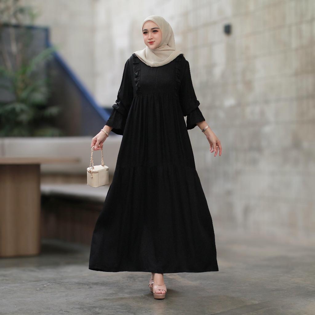 Gamis Dress Rayon Twill Premium Polos Elegan Warna Hitam