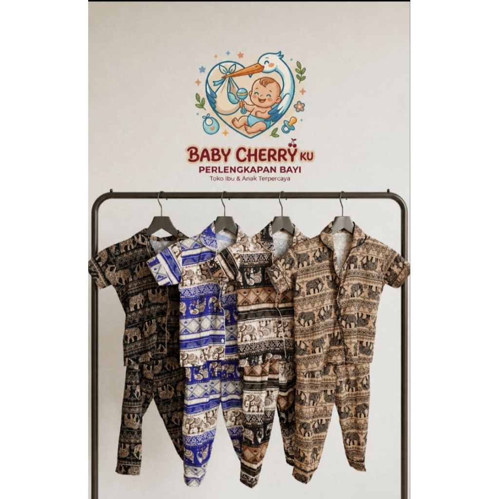 Baju Tidur Baju Santai Anak Perempuan Laki-Laki Katun Thailand Motif Gajah Celana Gajah  Tangan Pend